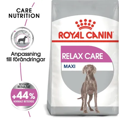 Royal Canin Relax Care Maxi hundfoder. Text: Anpassning till förändringar, bevisade resultat +44 % normalt beteende. Royal Canin Relax Care Maxi hundfoder. Text: Anpassning till förändringar, bevisade resultat +44 % normalt beteende.