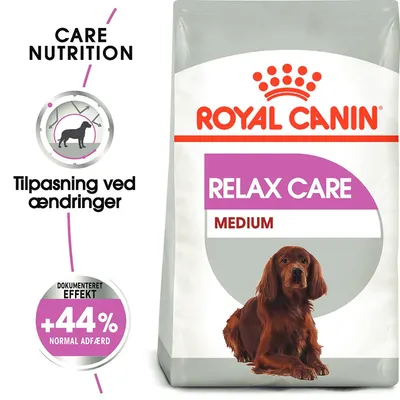 ROYAL CANIN RELAX CARE MEDIUM hundefoder, tekst: Care Nutrition, Tilpasning ved ændringer, Dokumenteret effekt +44 % normal adfærd. Billede af mellemstor hund på posen. ROYAL CANIN RELAX CARE MEDIUM hundefoder, tekst: Care Nutrition, Tilpasning ved ændringer, Dokumenteret effekt +44 % normal adfærd. Billede af mellemstor hund på posen.
