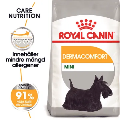 ROYAL CANIN DERMACOMFORT MINI hundfoder. Text: Innehåller mindre mängd allergener. 91 % nöjda ägare efter 2 månader. Bild på svart hund.