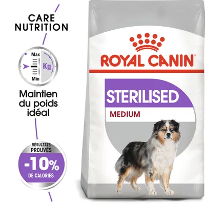 Sachet Royal Canin Sterilised Medium, texte visible : maintien du poids idéal, résultats prouvés -10 % de calories, Care Nutrition, illustration d’un chien de taille moyenne. Sachet Royal Canin Sterilised Medium, texte visible : maintien du poids idéal, résultats prouvés -10 % de calories, Care Nutrition, illustration d’un chien de taille moyenne.