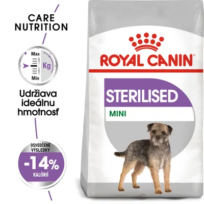 Royal Canin STERILISED MINI, udržiava ideálnu hmotnosť, osvedčené výsledky -14 % kalórií, balenie s obrázkom malého psa.