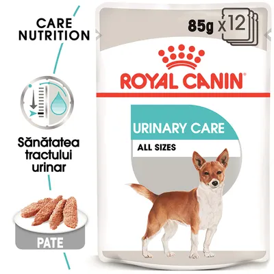Pachet Royal Canin Urinary Care All Sizes, 85g x12, pate pentru câini. Text vizibil: Sănătatea tractului urinar, Care Nutrition.