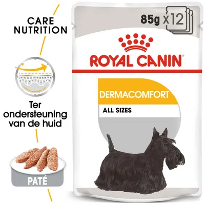 Royal Canin Dermacomfort All Sizes, 85g x12. Paté. Care Nutrition. Ter ondersteuning van de huid. Afbeelding van een zwarte hond op de verpakking.