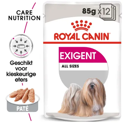 Royal Canin Exigent All Sizes natvoer, 85g x12. Geschikt voor kieskeurige eters. Paté. Care Nutrition. Afbeelding van een langharige hond op de verpakking.