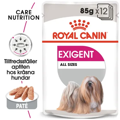 Royal Canin Exigent All Sizes våtfoder paté, 85 g x12. Text: Tillfredsställer aptiten hos kräsna hundar. Bild på långhårig hund och patébitar.