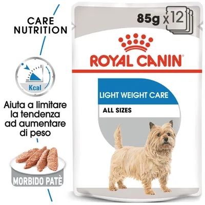 Royal Canin Light Weight Care All Sizes, 85 g x12. Aiuta a limitare la tendenza ad aumentare di peso, morbido patè, immagine di cane piccolo. Testo e grafico calorie visibili.