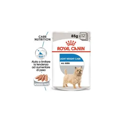 Royal Canin Light Weight Care All Sizes, 85g x12. Aiuta a limitare la tendenza ad aumentare di peso. Morbido paté. Immagine di cane piccolo sul fronte confezione.
