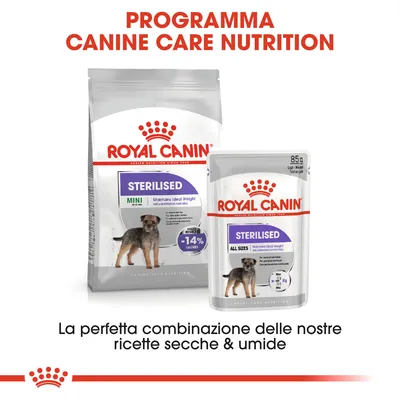 ROYAL CANIN STERILISED MINI e ALL SIZES, confezioni di crocchette e umido per cani sterilizzati. Testo visibile: Programma Canine Care Nutrition, la perfetta combinazione di ricette secche & umide.