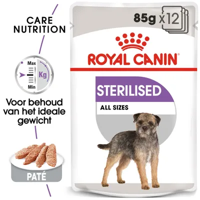 Royal Canin Sterilised All Sizes natvoer voor honden, 85g x12. Voor behoud van het ideale gewicht. Paté. Care Nutrition.