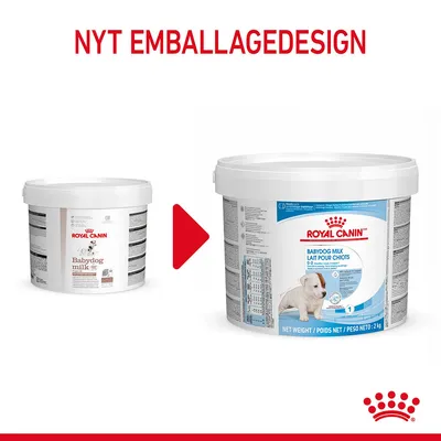 Royal Canin Babydog Milk emballageskifte vist med to spande: tidligere design til venstre, nyt design til højre. Tekst øverst: NYT EMBALLAGEDESIGN.