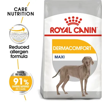 Care Nutrition, reduced allergen formula. Proven results: 91% owners satisfied after 2 months. Product name: Dermacomfort Maxi.