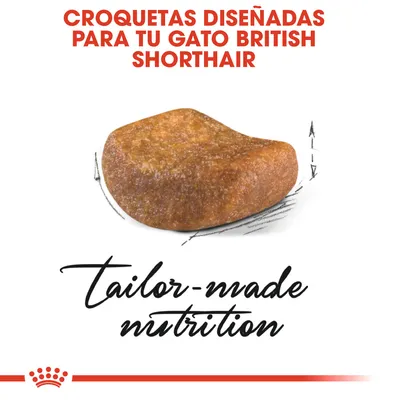 Croquetas diseñadas para tu gato British Shorthair. Texto en inglés: tailor-made nutrition. Imagen de una croqueta marrón sobre fondo blanco.