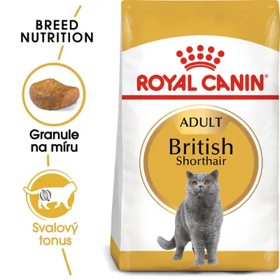 Balení Royal Canin Adult British Shorthair, text: Granule na míru, Svalový tonus, obrázek granule a britské krátkosrsté kočky.