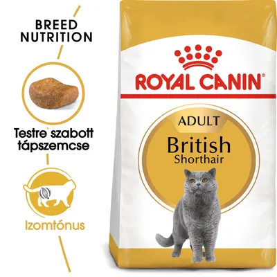 Royal Canin Adult British Shorthair macskatáp csomagolás, szürke brit rövidszőrű macska képe, Testre szabott tápszemcse, Izomtónus feliratokkal.