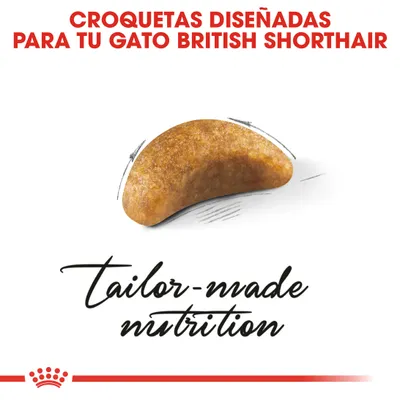 Croquetas diseñadas para tu gato British Shorthair. Imagen de una croqueta. Texto: tailor-made nutrition.