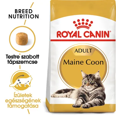 ROYAL CANIN ADULT Maine Coon macskaeledel csomagolás, testre szabott tápszemcse képe, szöveg: Ízületek egészségének támogatása, Breed Nutrition