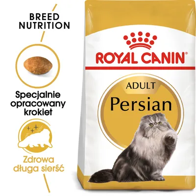 Opakowanie Royal Canin Adult Persian, tekst: Specjalnie opracowany krokiet, Zdrowa długa sierść, ilustracja kota perskiego i kształtu krokieta.