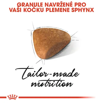 Granule navržené pro vaši kočku plemene Sphynx, tailor-made nutrition. Zobrazení jedné granule s náčrtkem.