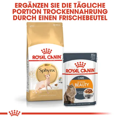 Royal Canin Sphynx Adult Trockenfutter und Intense Beauty Frischebeutel. Ergänzen Sie die tägliche Portion Trockenfutter durch einen Frischebeutel.