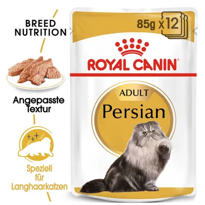 Royal Canin Adult Persian, 85g x12. Texte visible : Breed Nutrition, Angepasste Textur, Speziell für Langhaarkatzen. Illustration d’un chat persan et pâtée en morceaux.