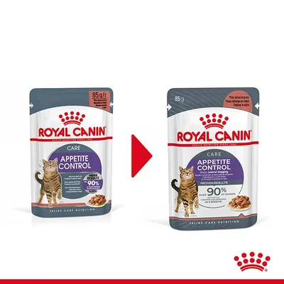 Две опаковки Royal Canin Appetite Control Care 85 г за котки, показващи промяна в дизайна. Видими текстове: 'PROVEN RESULTS', 'OVER 90% of owners', изображение на котка и хапки в сос.