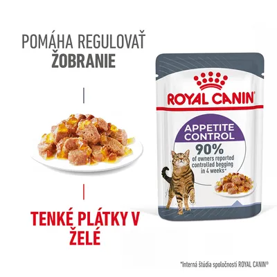 ROYAL CANIN Appetite Control, tenké plátky v želé, pomáha regulovať žobranie, 90 % majiteľov uviedlo kontrolu žobrania do 4 týždňov. Balenie a miska s krmivom, obrázok mačky.