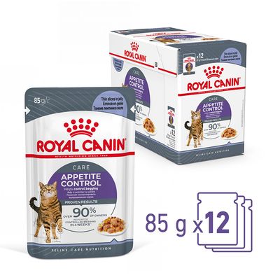 Royal Canin Care Appetite Control kapsičky pre mačky, balenie 12×85 g. Viditeľný text: over 90 % of owners controlled begging in 4 weeks. Plátky v želé.