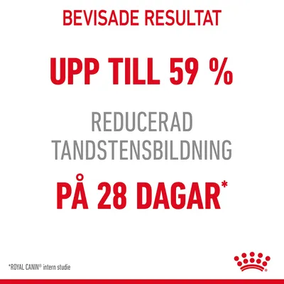 Bevisade resultat: upp till 59 % reducerad tandstensbildning på 28 dagar. *Royal Canin intern studie.