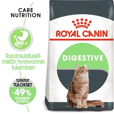 Royal Canin Digestive kissanruoka, teksti: ruoansulatuselimistön hyvinvoinnin tukeminen, tutkitut tulokset -49 % vähemmän ulostetta, kuva kissasta pakkauksessa.