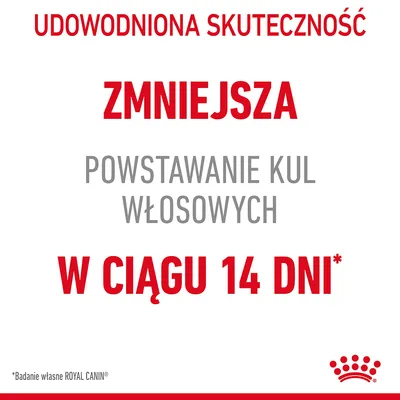 Udowodniona skuteczność. Zmniejsza powstawanie kul włosowych w ciągu 14 dni. *Badanie własne ROYAL CANIN.