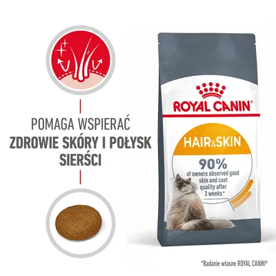 ROYAL CANIN HAIR & SKIN, pomaga wspierać zdrowie skóry i połysk sierści, 90% właścicieli zauważyło poprawę po 3 tygodniach, widoczna granulka karmy i kot.