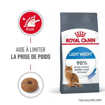 Sachet Royal Canin Light Weight pour chats, texte visible : aide à limiter la prise de poids, 90 % of cats achieved healthier weight in 8 weeks*, croquette ronde, étude interne Royal Canin. Sachet Royal Canin Light Weight pour chats, texte visible : aide à limiter la prise de poids, 90 % of cats achieved healthier weight in 8 weeks*, croquette ronde, étude interne Royal Canin.