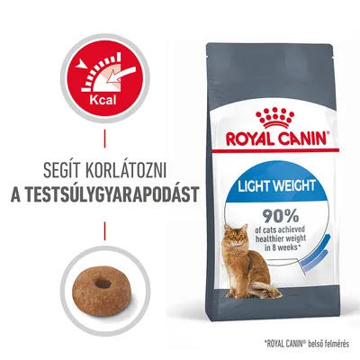 ROYAL CANIN Light Weight macskaeledel csomag, felirat: Segít korlátozni a testsúlygyarapodást. 90% of cats achieved healthier weight in 8 weeks. Kcal ikon és táp szemcse látható.