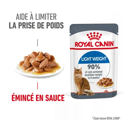 ROYAL CANIN Light Weight, émincé en sauce pour chats. Texte visible : aide à limiter la prise de poids, 90 % of cats achieved healthier weight in 8 weeks. Étude interne ROYAL CANIN.