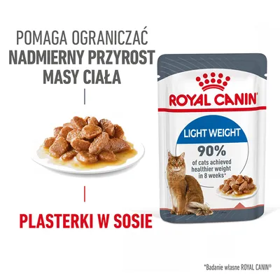 ROYAL CANIN Light Weight, plasterki w sosie. Pomaga ograniczać nadmierny przyrost masy ciała. 90% kotów osiągnęło zdrowszą wagę w 8 tygodni. Zdjęcie karmy na talerzu.