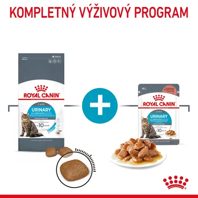 Royal Canin Urinary Care pre mačky – balenie suchého a mokrého krmiva, detail granúl a kapsičky s kúskami v omáčke. Text: Kompletný výživový program.