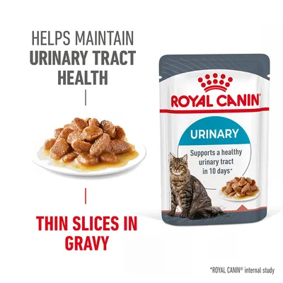 ROYAL CANIN URINARY cat food pouch, text: Helps maintain urinary tract health, thin slices in gravy, supports a healthy urinary tract in 10 days. Image of cat and food on pack.
