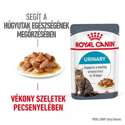 Royal Canin Urinary macskaeledel, vékony szeletek pecsenyelében. Segít a húgyutak egészségének megőrzésében. Csomagolás, tál étellel és macska látható. Royal Canin Urinary macskaeledel, vékony szeletek pecsenyelében. Segít a húgyutak egészségének megőrzésében. Csomagolás, tál étellel és macska látható.