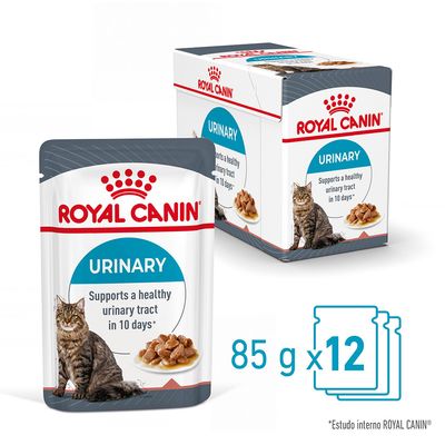 Royal Canin Urinary, embalagem de 12 saquetas de 85 g para gatos. Texto visível: 'Supports a healthy urinary tract in 10 days*'. Imagem de um gato e comida húmida.
