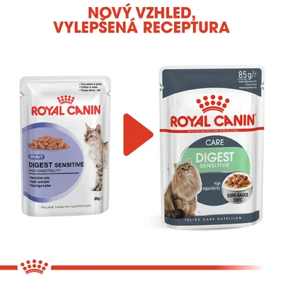 ROYAL CANIN Digest Sensitive pro kočky, starý a nový obal 85 g. Text: Nový vzhled, vylepšená receptura.