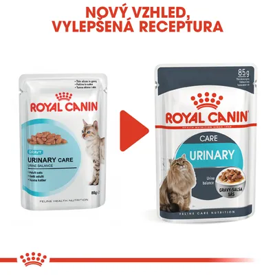 Porovnání starého a nového obalu kapsičky Royal Canin Urinary Care 85 g pro kočky, nápis: Nový vzhled, vylepšená receptura.