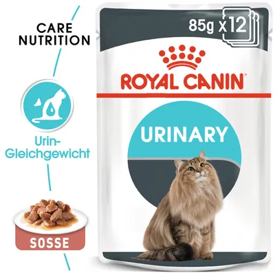 Royal Canin URINARY kissan märkäruoka, 85 g x12. Tekstit: CARE NUTRITION, Urin-Gleichgewicht, SOSSE. Kuvassa kissa ja annos kastikeruokaa.