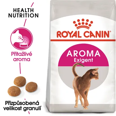 Balení Royal Canin Aroma Exigent, obrázek kočky, granule, text: Přitažlivé aroma, Přizpůsobená velikost granulí, Health Nutrition.