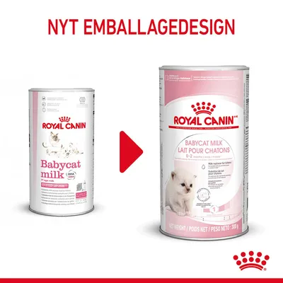 Royal Canin Babycat Milk dåse med gammelt og nyt emballagedesign. Synlig tekst: 'NYT EMBALLAGEDESIGN', 'Babycat milk', 'Lait pour chatons', '0–2 months', 'NET WEIGHT 300g'.