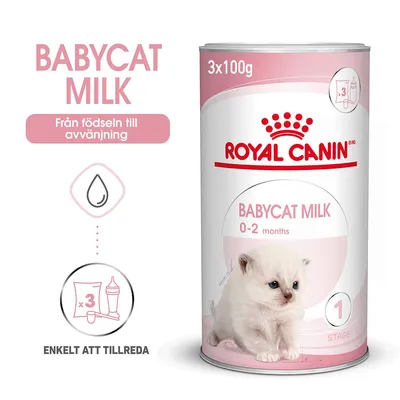 Royal Canin Babycat Milk 0–2 months, 3x100g. Text: Från födseln till avvänjning, enkelt att tillreda. Bild på kattunge och nappflaska med x3. Royal Canin Babycat Milk 0–2 months, 3x100g. Text: Från födseln till avvänjning, enkelt att tillreda. Bild på kattunge och nappflaska med x3.