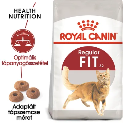Royal Canin Regular Fit 32 macskaeledel csomagolás, Optimális tápanyagösszetétel, Adaptált tápszemcse méret, Health Nutrition felirat, három tápszemcse képe