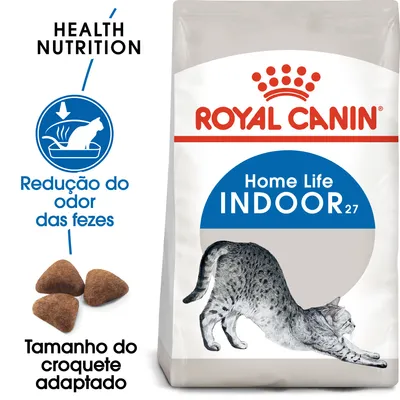 Royal Canin Home Life Indoor 27. Redução do odor das fezes. Tamanho do croquete adaptado. Health Nutrition. Embalagem com imagem de gato e croquetes visíveis.