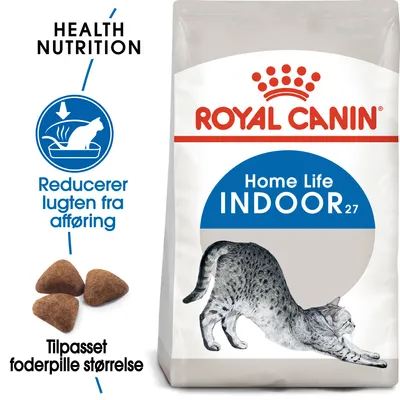 ROYAL CANIN Home Life INDOOR 27 kattefoder. Tekst: Health Nutrition, Reducerer lugten fra afføring, Tilpasset foderpille størrelse. Billede af tørfoder og kat.