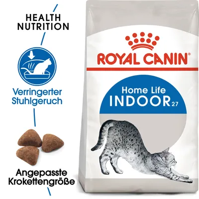 Sac de croquettes ROYAL CANIN Home Life INDOOR 27, texte visible : Health Nutrition, Verringerter Stuhlgeruch, Angepasste Krokettengröße. Texte en allemand et anglais.