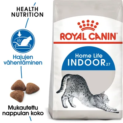 Royal Canin Home Life Indoor 27 -kissanruokapakkaus, tekstit: Health Nutrition, Hajujen vähentäminen, Mukautettu nappulan koko. Kuvassa myös venyttelevä kissa ja kolme nappulaa.